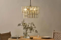 Statement Lighting|Pendant Lighting^Nkuku Kirindi Glass Panelled Chandelier - Clear & Antique Brass