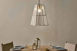 Statement Lighting|Pendant Lighting^Nkuku Solan Glass Lantern Pendant - Clear & Antique Brass