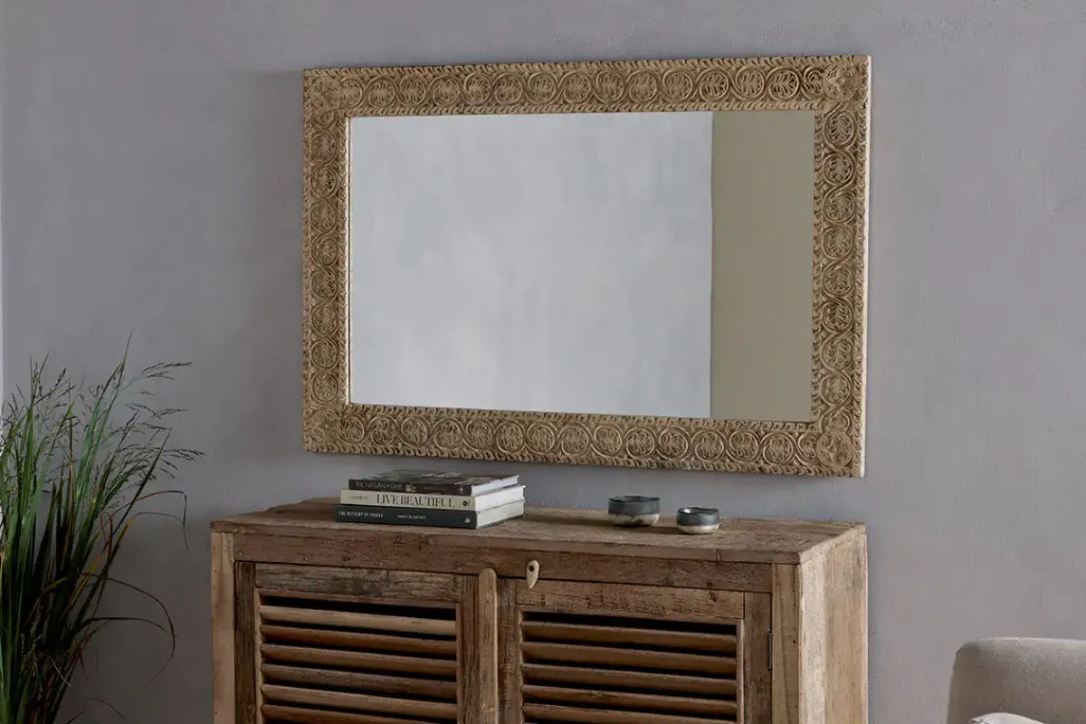 Decorative Home Accessories|Wall Mirrors^Nkuku Tannir Mango Wood Carved Mirror - Natural