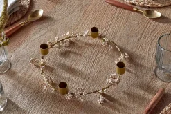Christmas Table|New Christmas^Nkuku Tanu Mango Wood Beaded Candle Holder - Brass & Natural